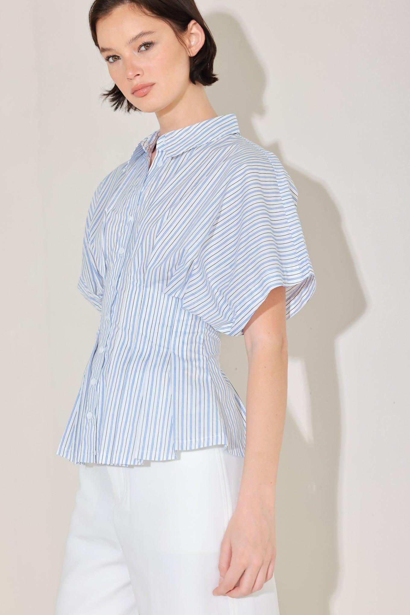 Skyline Stripe Woven Top in blue multi, view 5 — Soul Flow Apparel