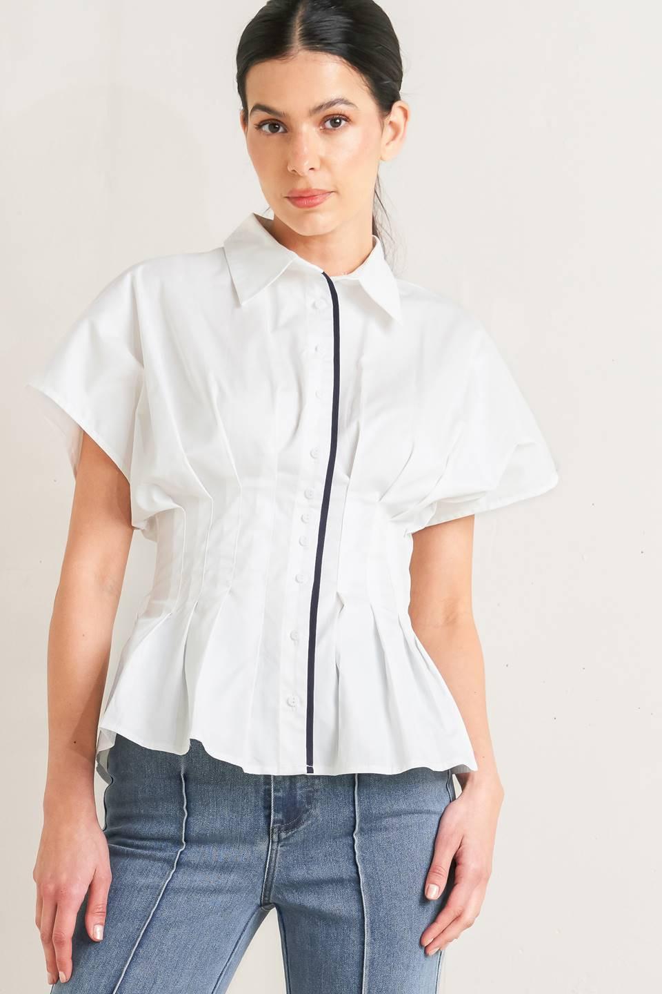 Quiet Force Woven Top in white navy, view 1 — Soul Flow Apparel