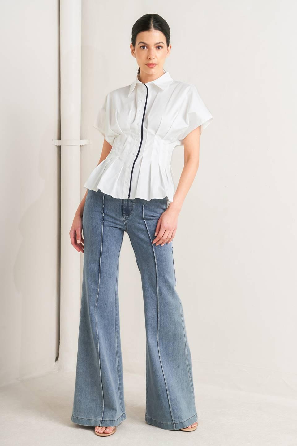 Quiet Force Woven Top in white navy, view 2 — Soul Flow Apparel