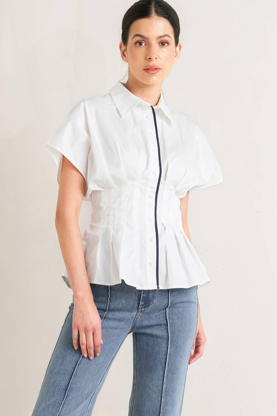 Quiet Force Woven Top in white navy, view 3 — Soul Flow Apparel