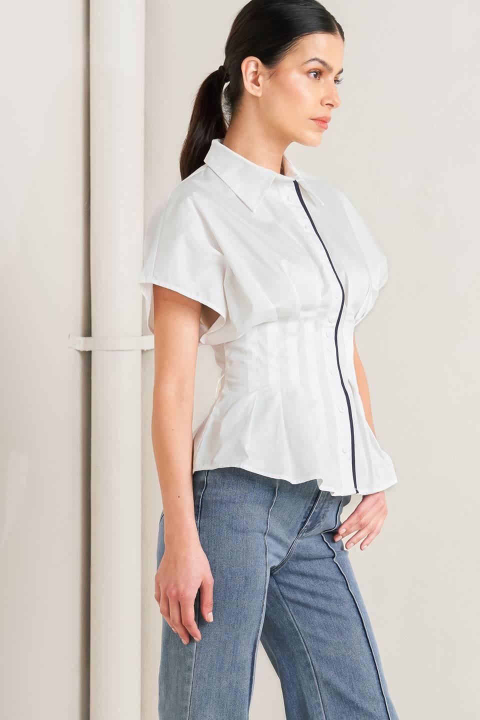 Quiet Force Woven Top in white navy, view 4 — Soul Flow Apparel