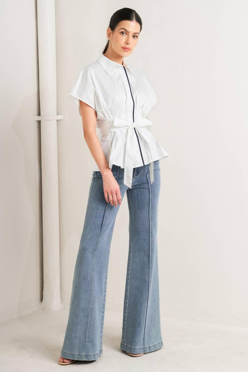 Quiet Force Woven Top in white navy, view 5 — Soul Flow Apparel