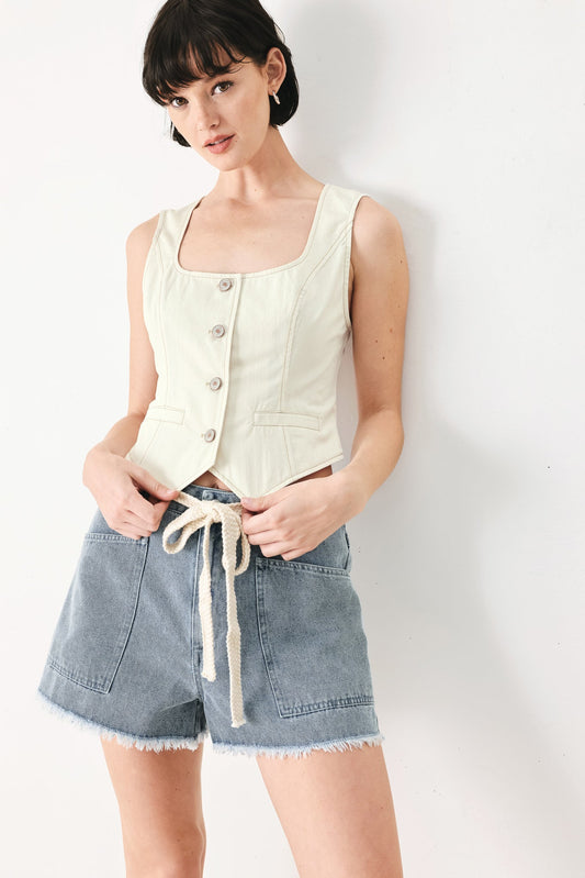 Power Soft Woven Vest in oatmeal, view 1 — Soul Flow Apparel