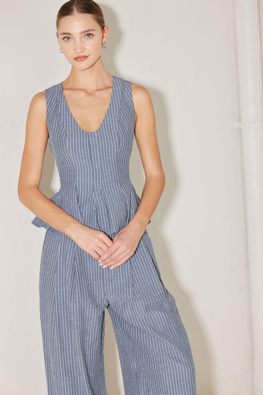 Marina Pinstripe Woven Top in navy, view 4 — Soul Flow Apparel