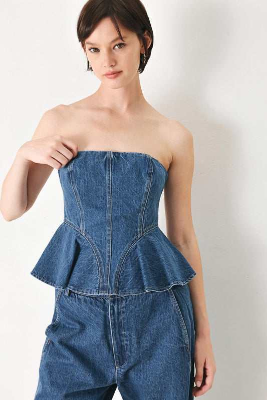 Blue Blossom Bustier Denim Top in indigo, view 1 — Soul Flow Apparel