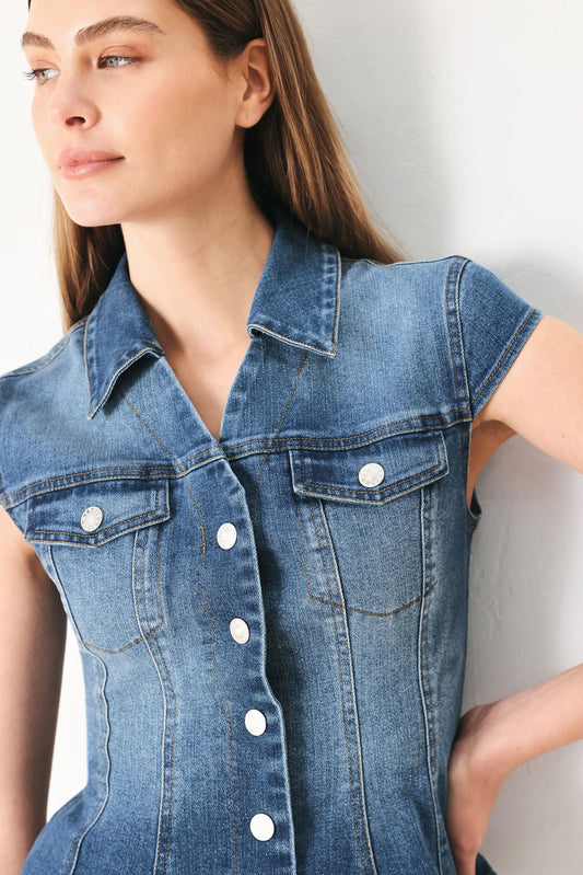 Lovely Collar Denim Top in indigo denim, view 3 — Soul Flow Apparel