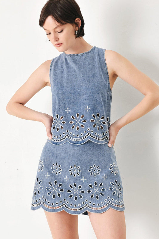 Floral Love Denim Top in light denim, view 1 — Soul Flow Apparel