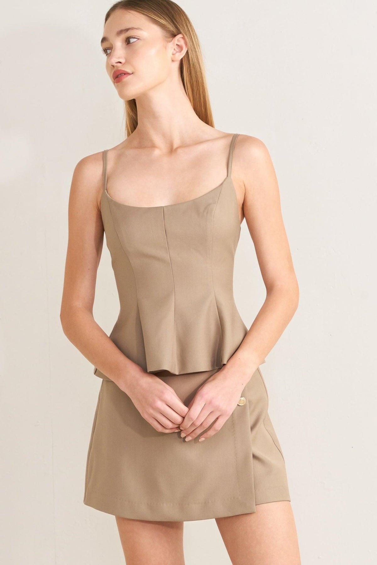 Manhattan Peplum Woven Cami Top in khaki brown, view 1 — Soul Flow Apparel