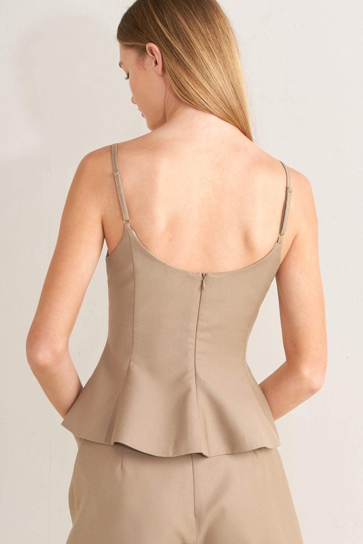 Manhattan Peplum Woven Cami Top in khaki brown, view 3 — Soul Flow Apparel