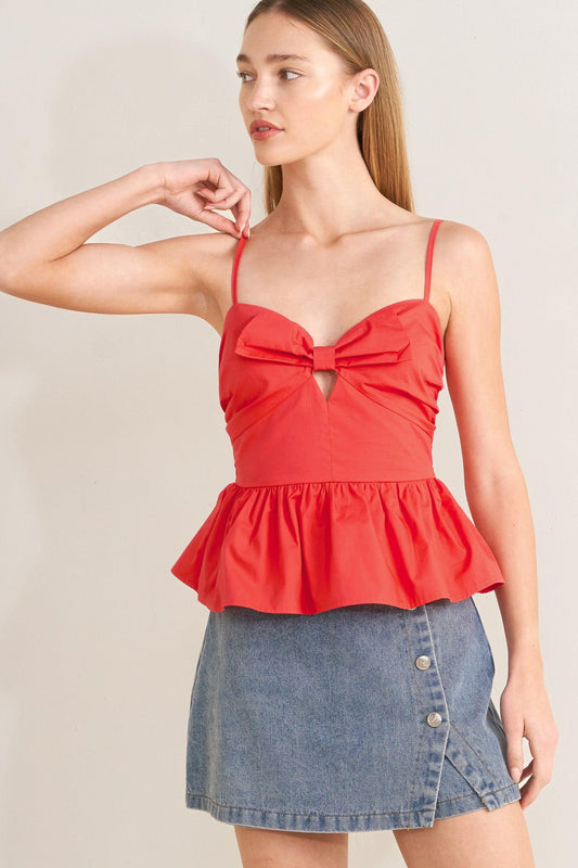 Sunset Bow Red Woven Top in coral red, view 2 — Soul Flow Apparel