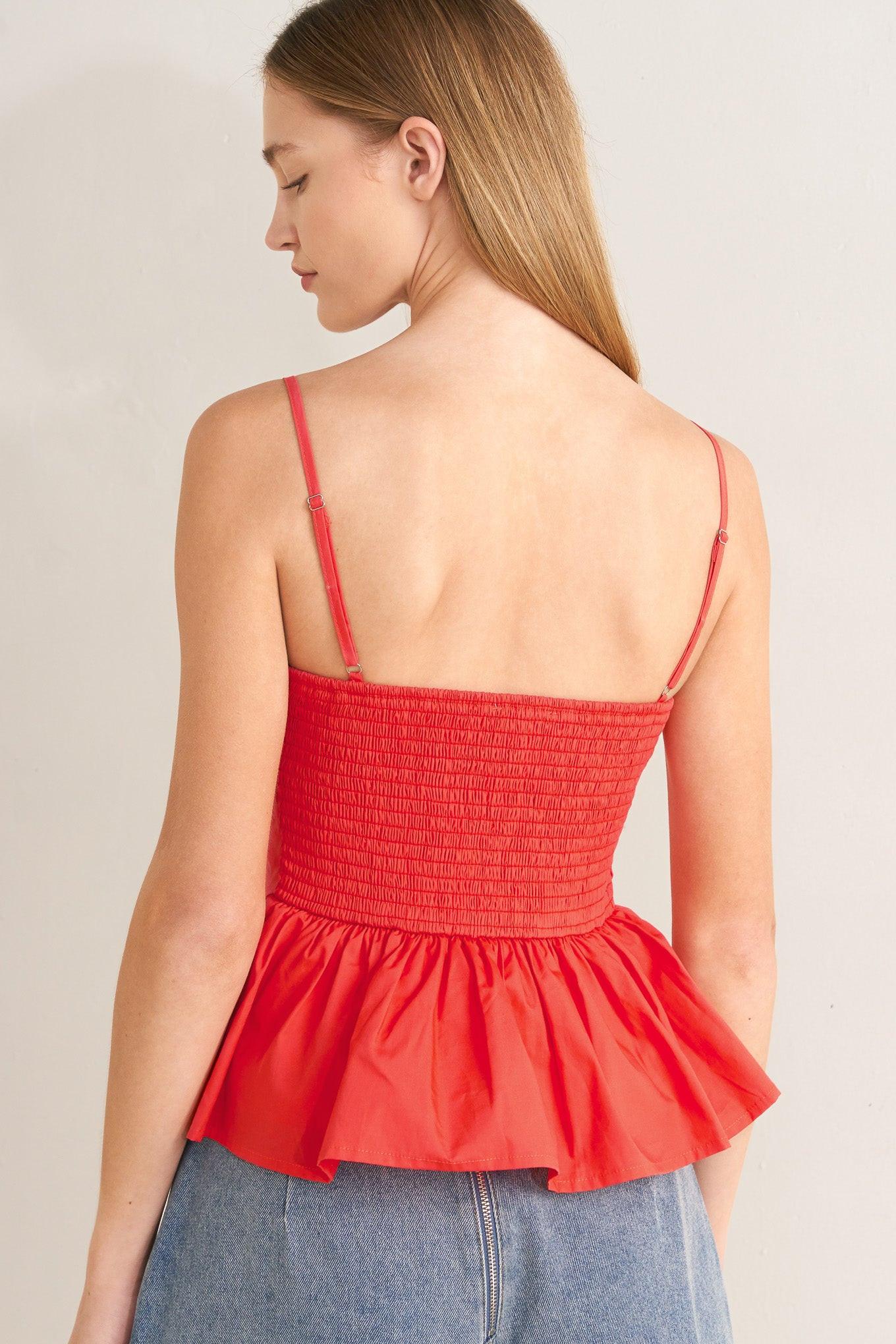Sunset Bow Red Woven Top in coral red, view 4 — Soul Flow Apparel