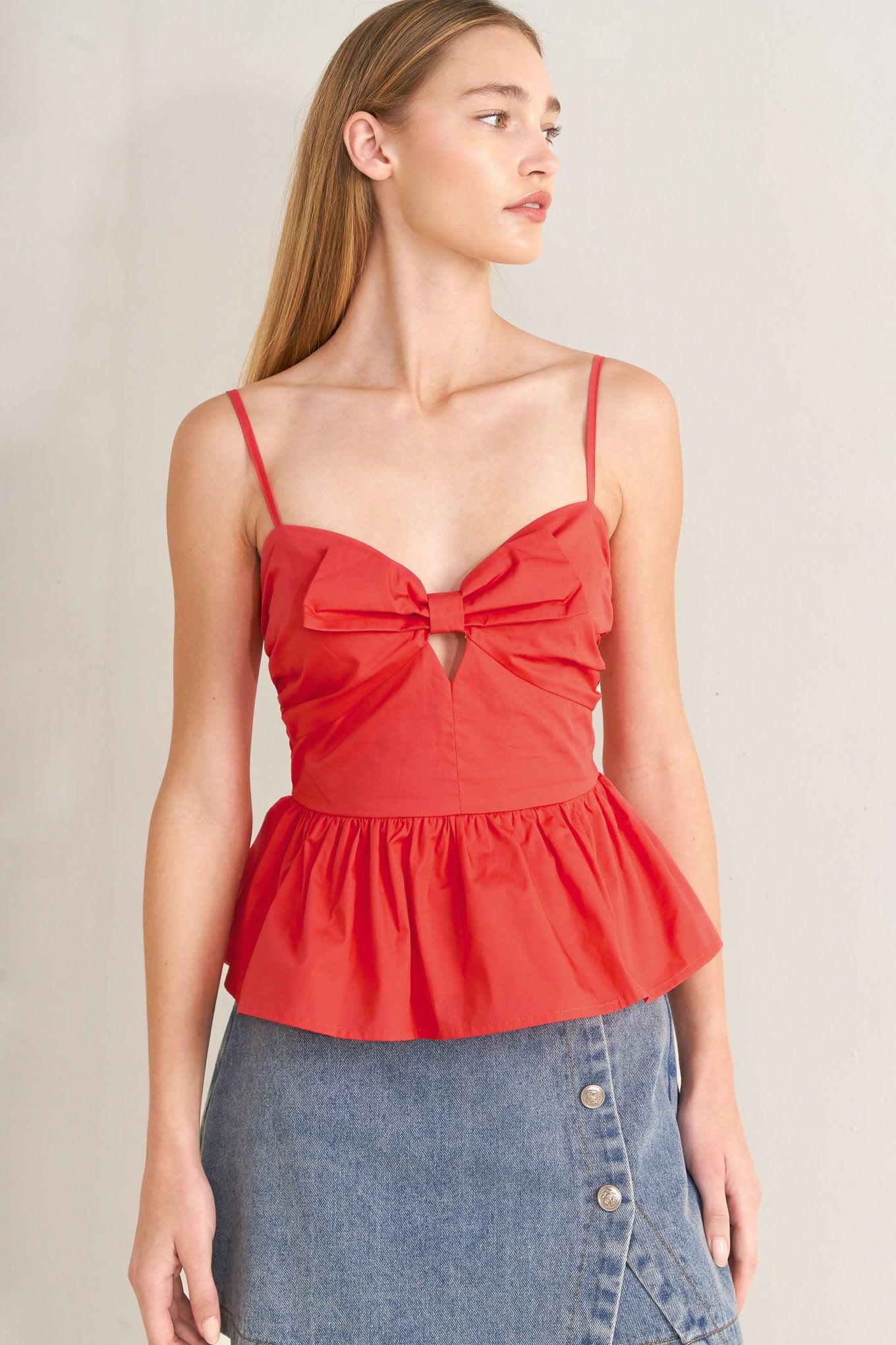 Sunset Bow Red Woven Top in coral red, view 6 — Soul Flow Apparel