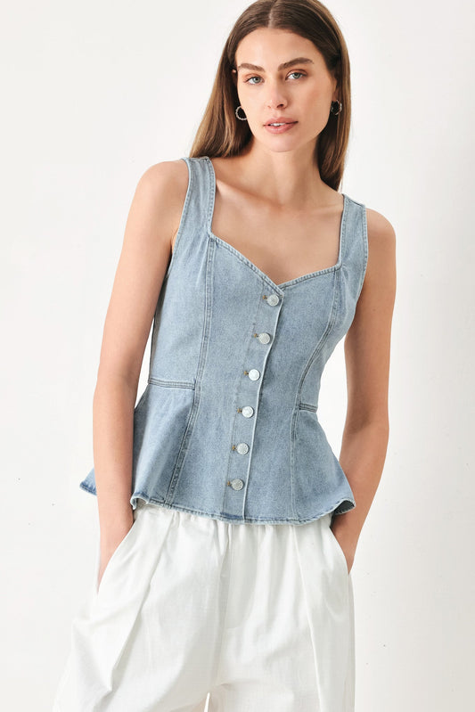 Blossom Blue Denim Top in light indigo, view 1 — Soul Flow Apparel