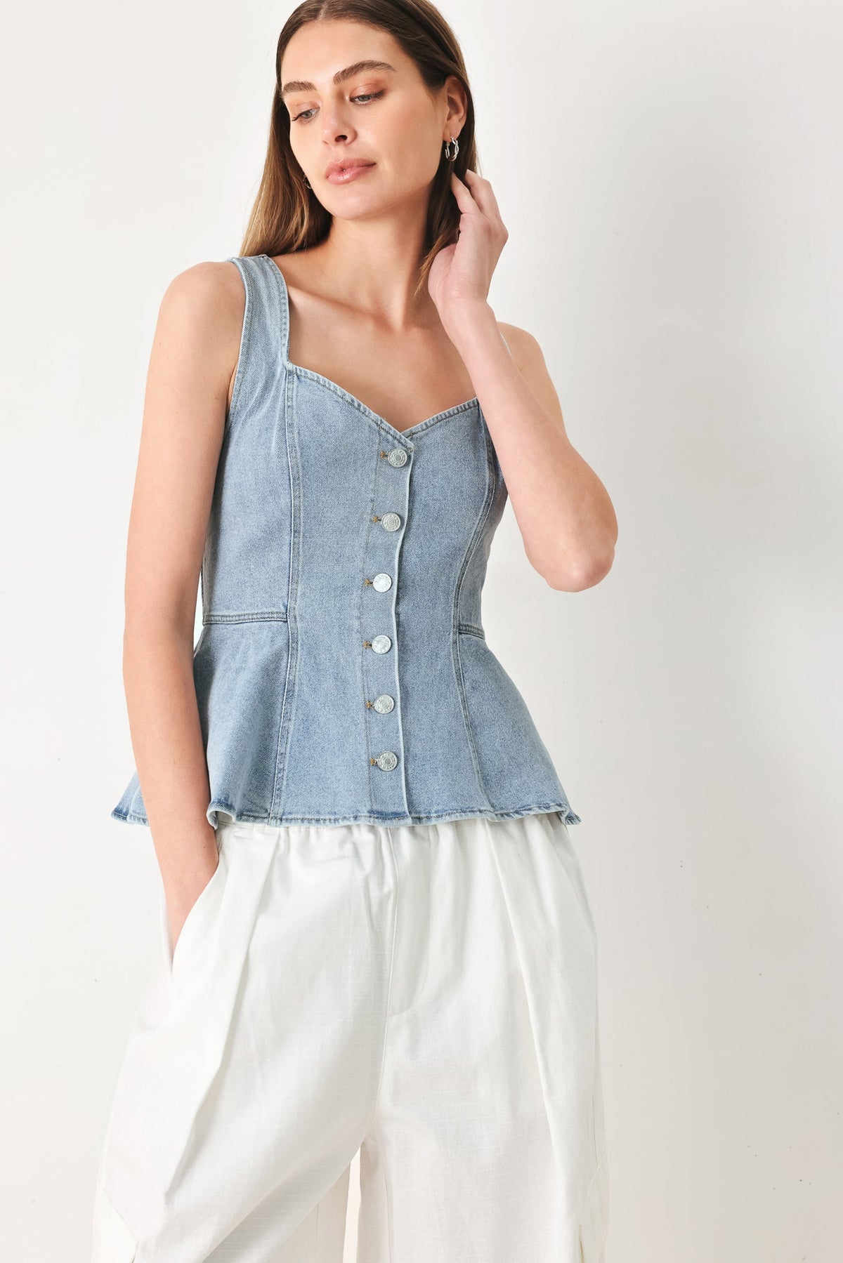 Blossom Blue Denim Top in light indigo, view 2 — Soul Flow Apparel