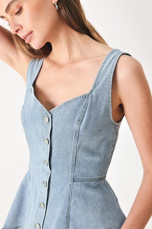 Blossom Blue Denim Top in light indigo, view 4 — Soul Flow Apparel