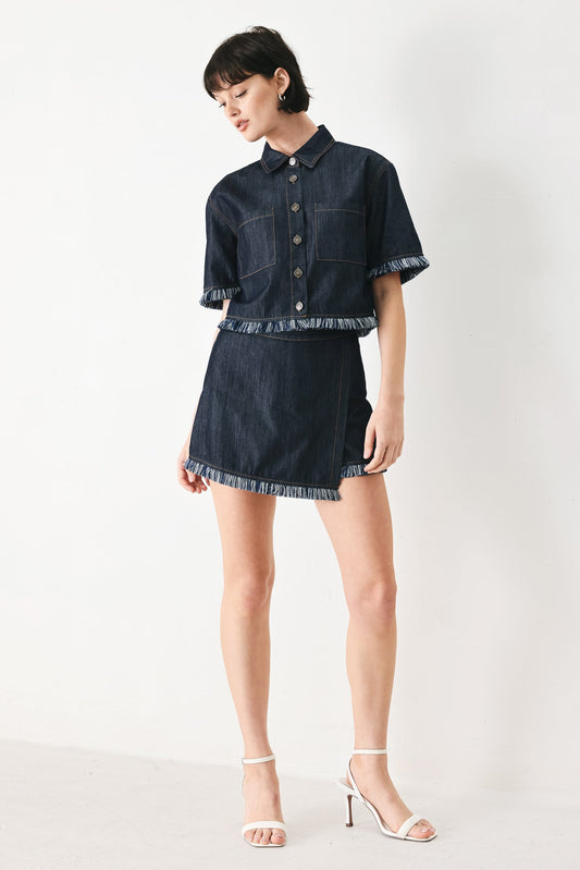 Power Soft Woven Crop Jacket in dark denim, view 2 — Soul Flow Apparel