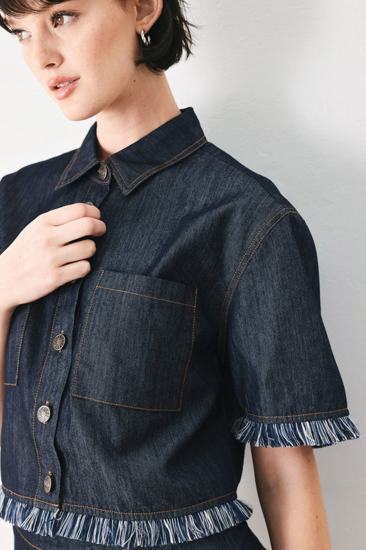 Power Soft Woven Crop Jacket in dark denim, view 3 — Soul Flow Apparel