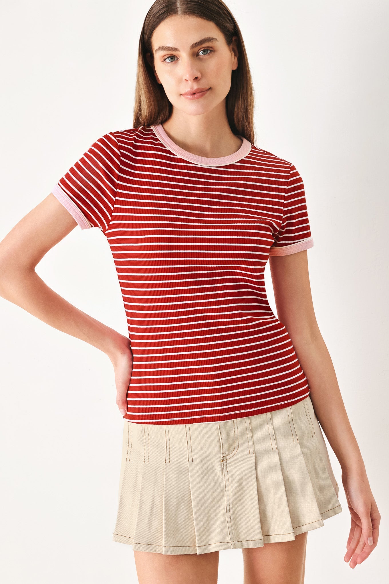 Sweet Daydream Strip Knit Top in red stripe pink, view 1 — Soul Flow Apparel