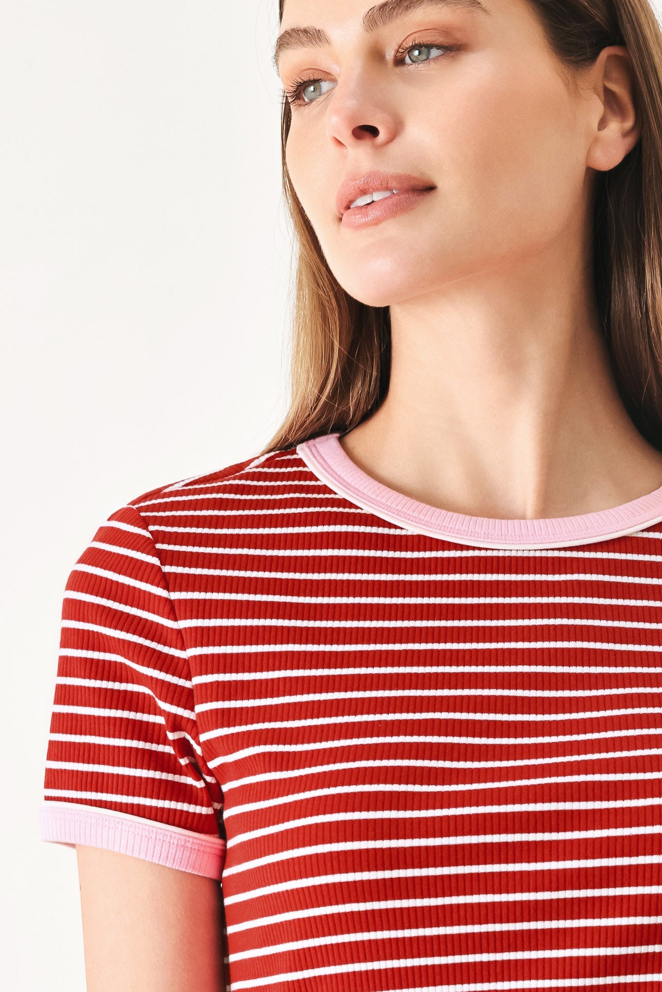 Sweet Daydream Strip Knit Top in red stripe pink, view 2 — Soul Flow Apparel