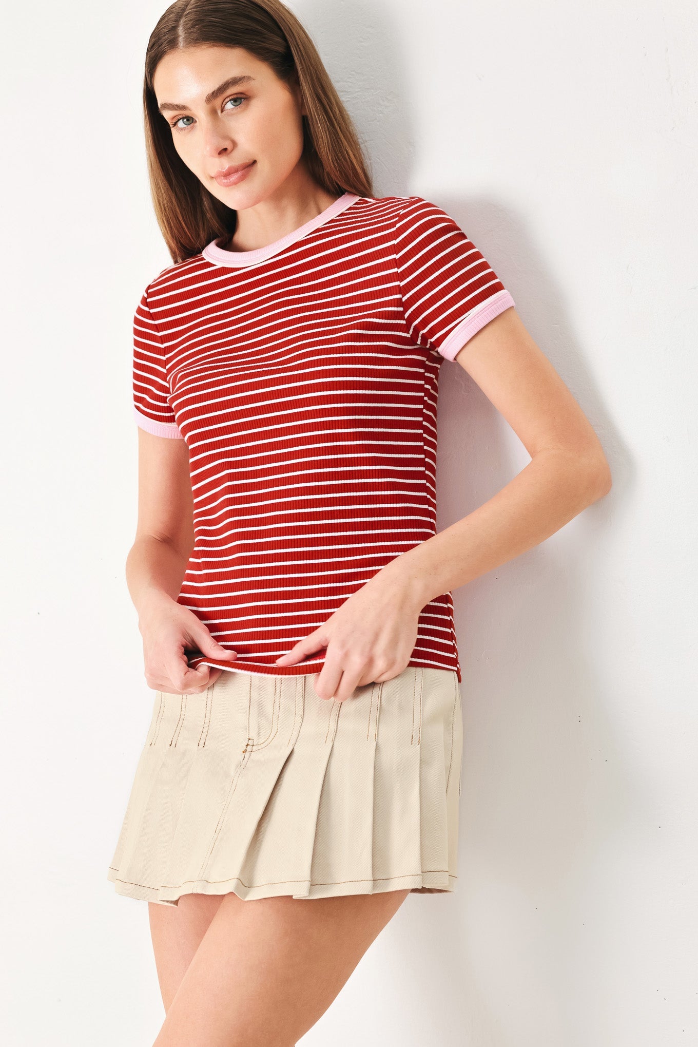 Sweet Daydream Strip Knit Top in red stripe pink, view 4 — Soul Flow Apparel
