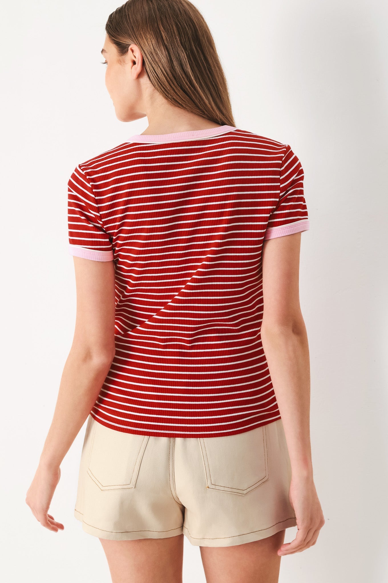 Sweet Daydream Strip Knit Top in red stripe pink, view 5 — Soul Flow Apparel