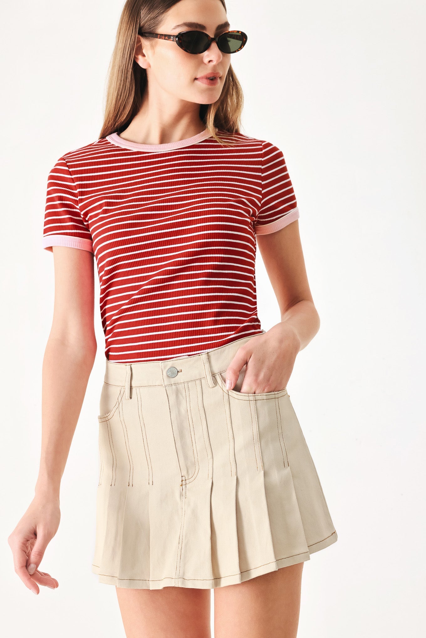 Sweet Daydream Strip Knit Top in red stripe pink, view 6 — Soul Flow Apparel