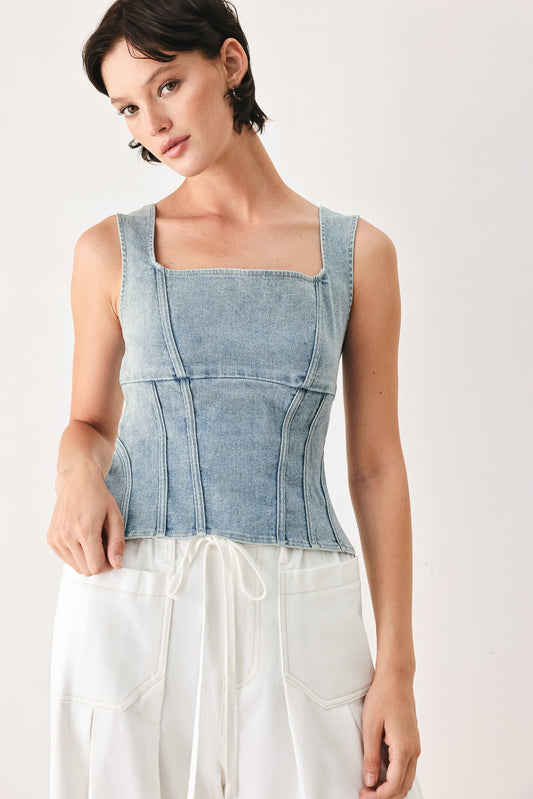 The Seabreeze Denim Top in light denim, view 1 — Soul Flow Apparel