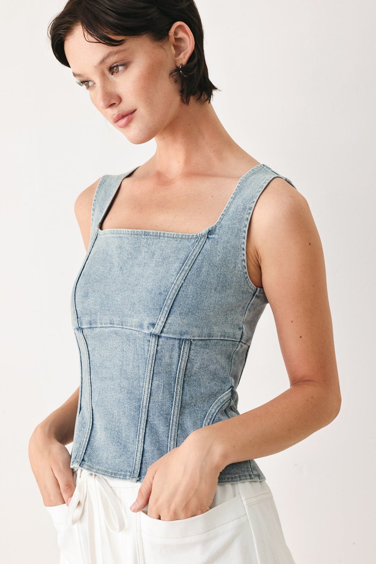 The Seabreeze Denim Top in light denim, view 2 — Soul Flow Apparel