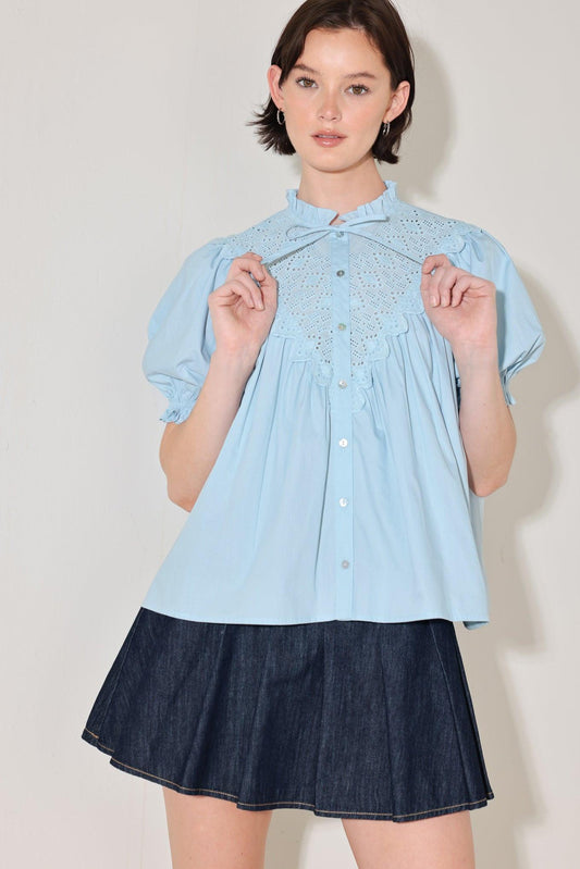 Sweet Note Moment Woven Top in light blue, view 1 — Soul Flow Apparel