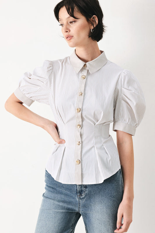 Coastal Light Woven Top in white taupe, view 1 — Soul Flow Apparel