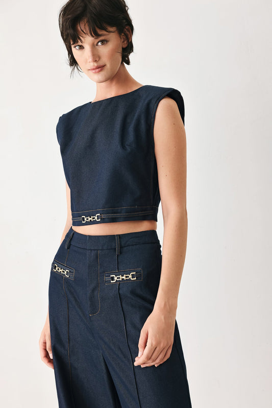 Yacht Club Woven Crop Top in indigo, view 1 — Soul Flow Apparel