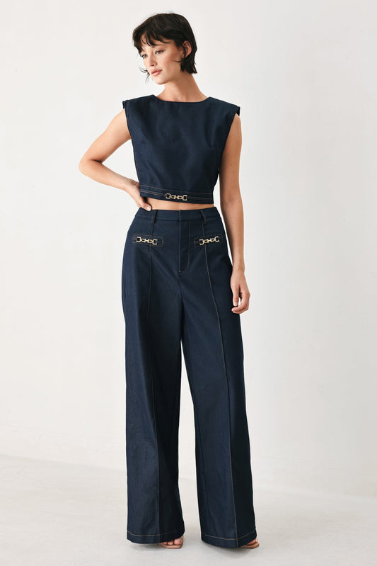 Yacht Club Woven Crop Top in indigo, view 3 — Soul Flow Apparel