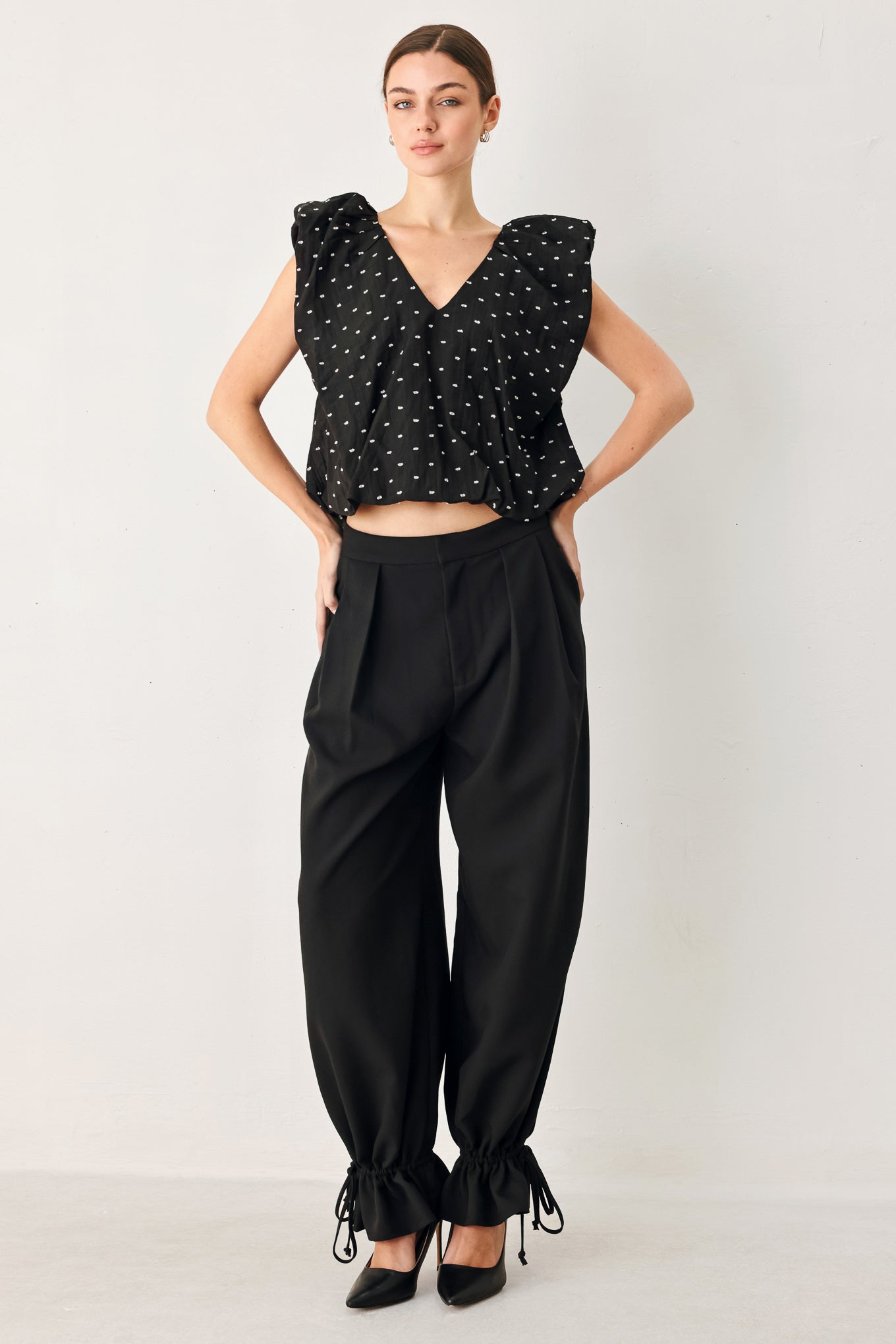 Polka Flutter Woven Top in black, view 2 — Soul Flow Apparel