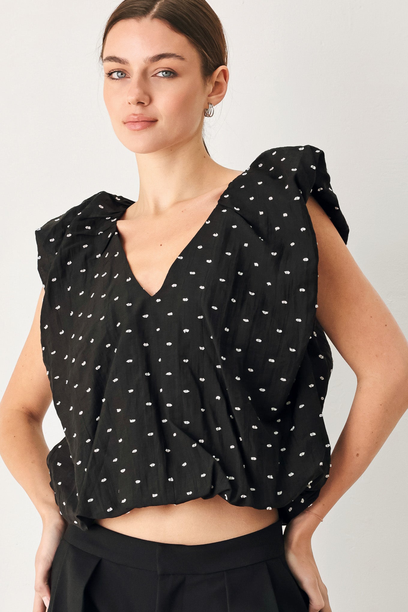 Polka Flutter Woven Top in black, view 3 — Soul Flow Apparel