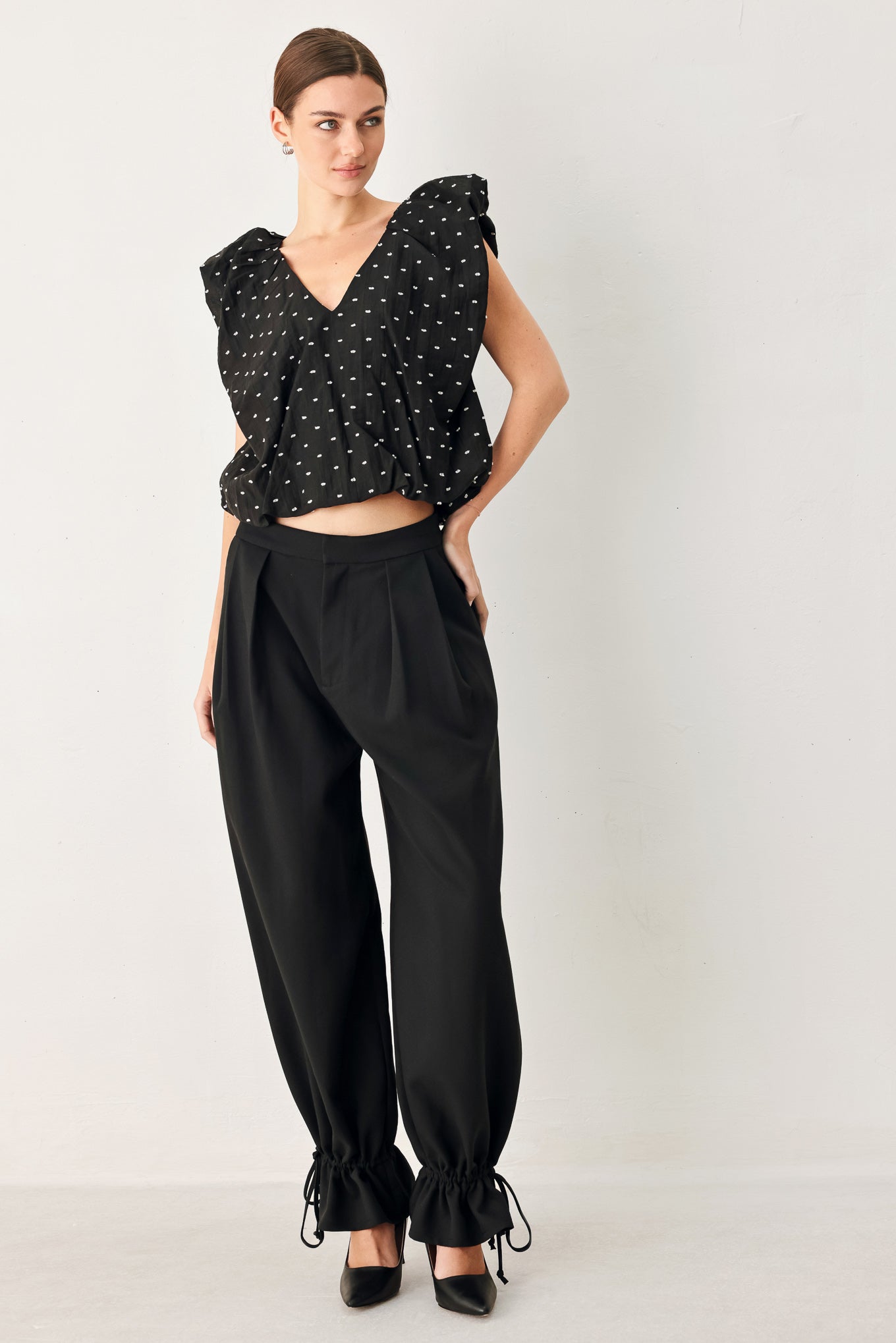 Polka Flutter Woven Top in black, view 4 — Soul Flow Apparel
