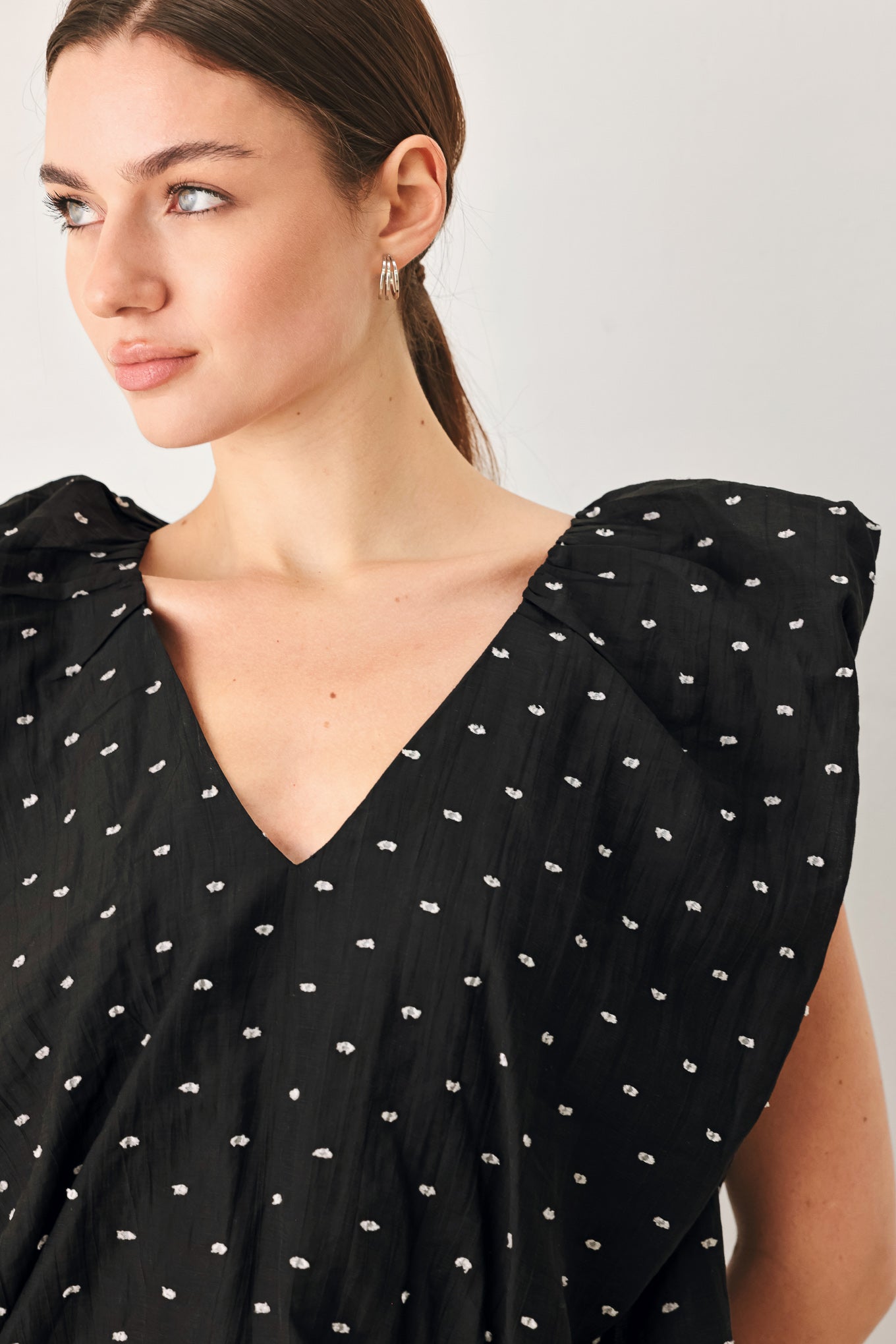 Polka Flutter Woven Top in black, view 5 — Soul Flow Apparel