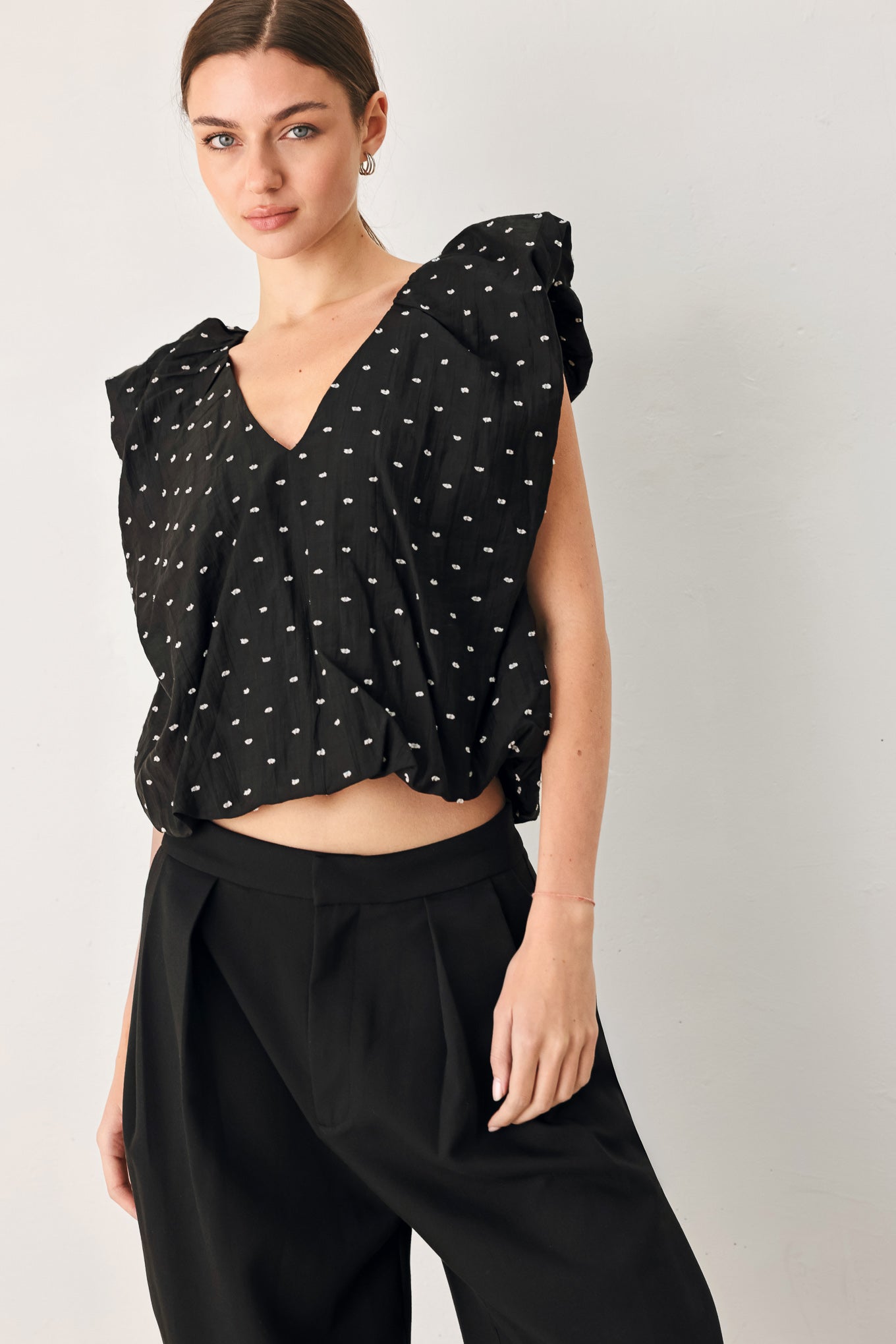 Polka Flutter Woven Top in black, view 6 — Soul Flow Apparel