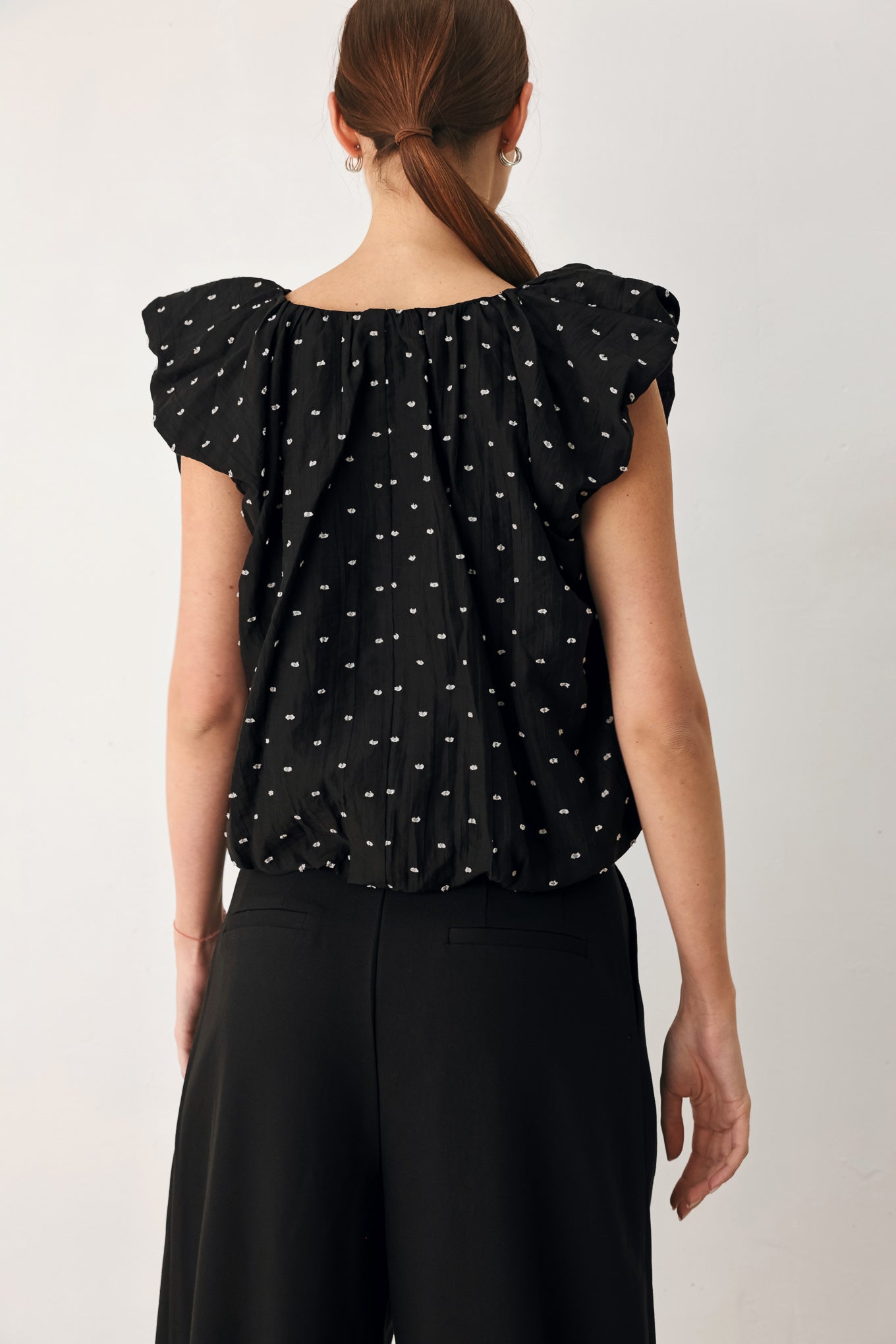 Polka Flutter Woven Top in black, view 7 — Soul Flow Apparel