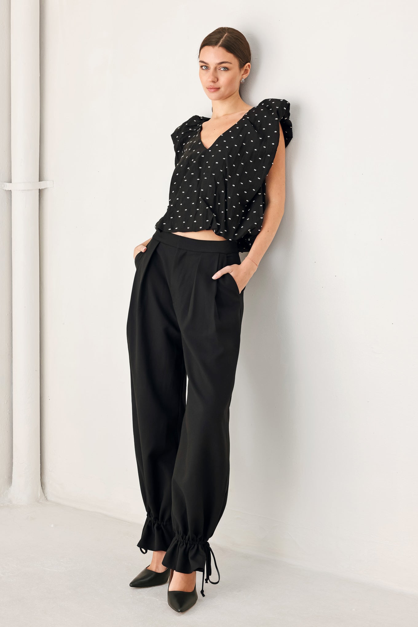Polka Flutter Woven Top in black, view 8 — Soul Flow Apparel