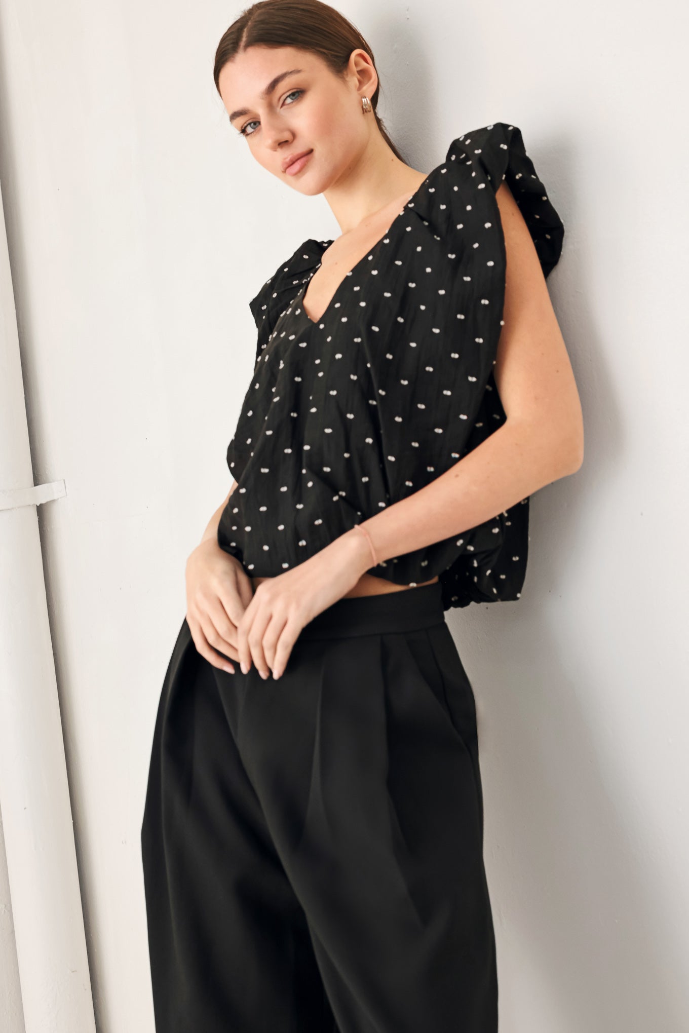 Polka Flutter Woven Top in black, view 9 — Soul Flow Apparel