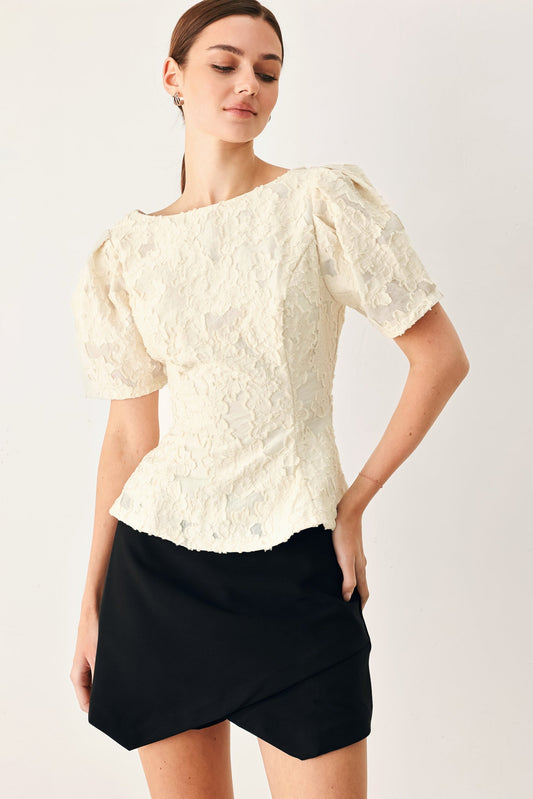 Pretty Bloom Woven Jacquard Top in ivory, view 2 — Soul Flow Apparel