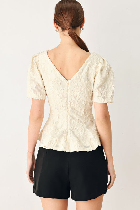 Pretty Bloom Woven Jacquard Top in ivory, view 6 — Soul Flow Apparel