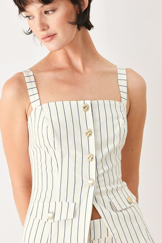 Sutton Stripe Woven Top in off-white navy, view 1 — Soul Flow Apparel