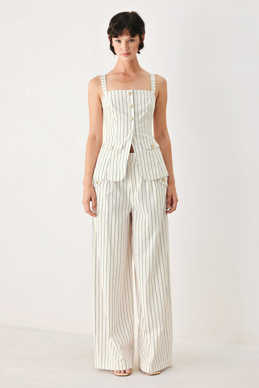 Sutton Stripe Woven Top in off-white navy, view 3 — Soul Flow Apparel