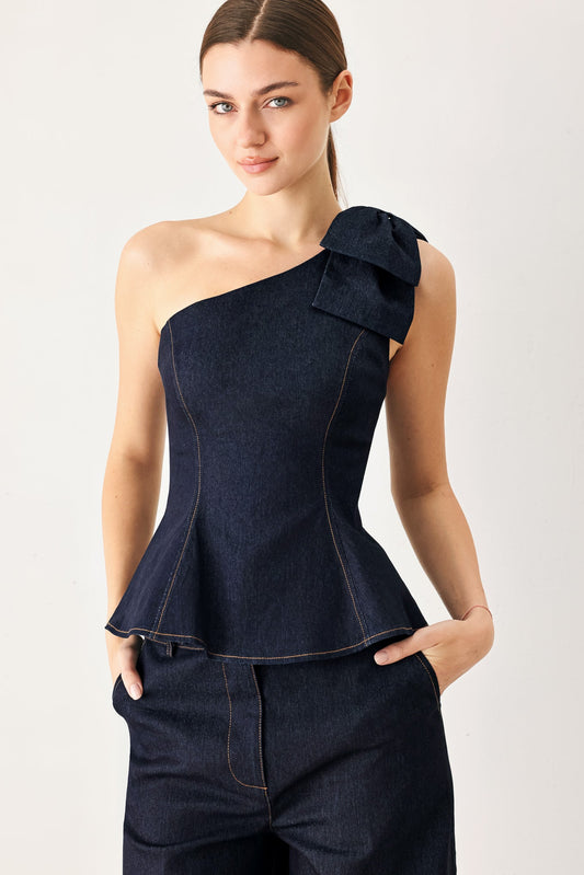 Indigo Bow One Shoulder Denim Top in dark denim, view 1 — Soul Flow Apparel