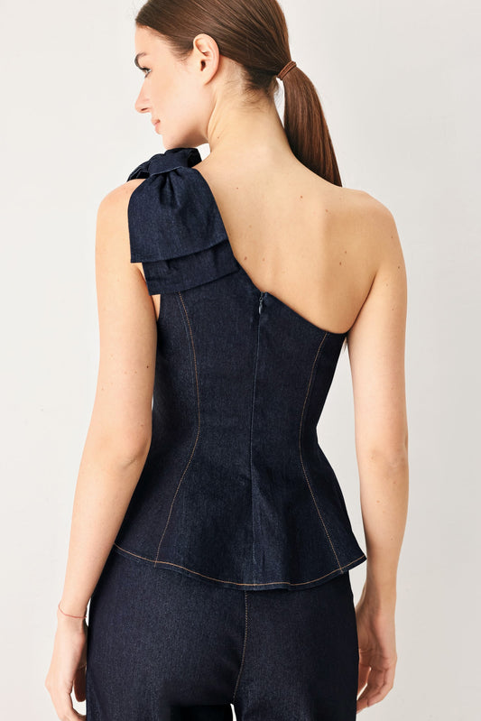 Indigo Bow One Shoulder Denim Top in dark denim, view 3 — Soul Flow Apparel