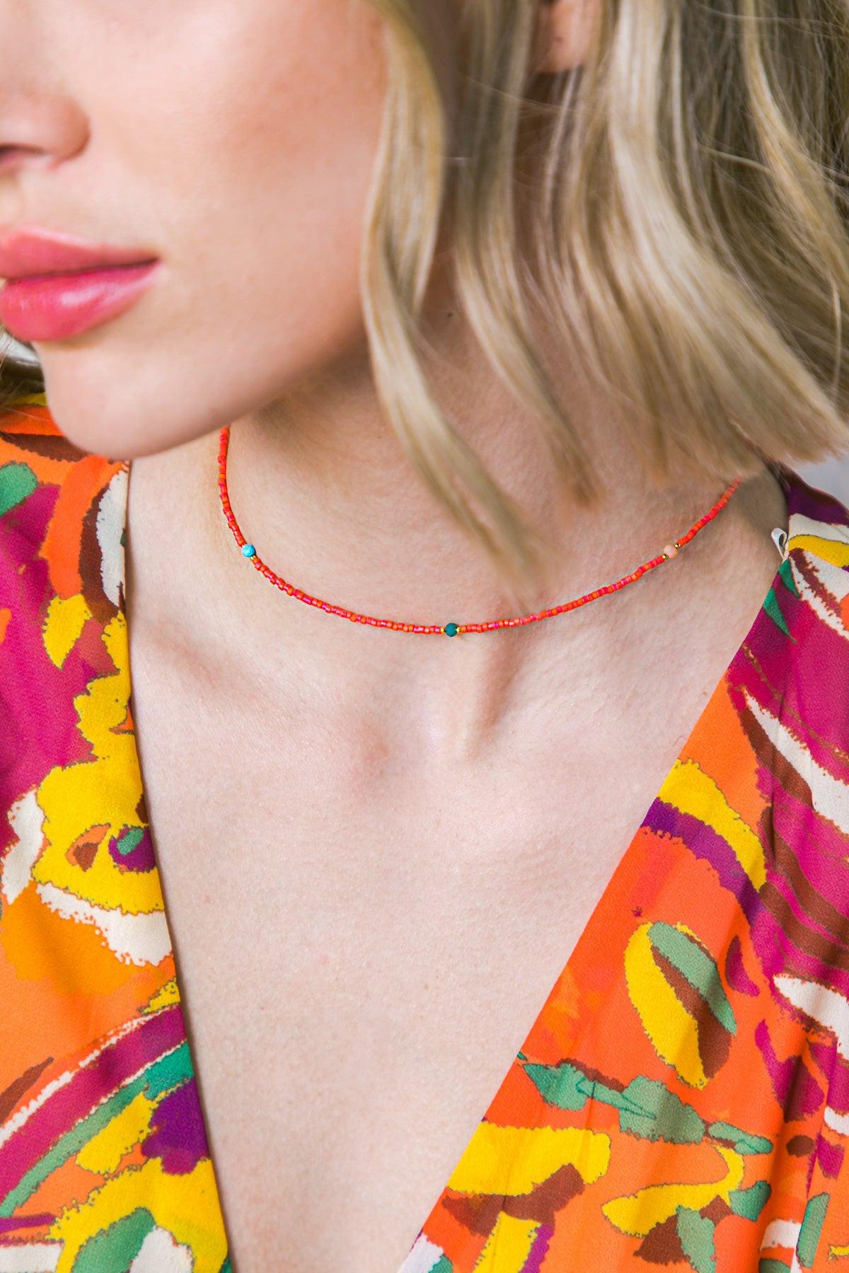 Boho Red Choker Necklace with Turquoise Beads 16 Inches Korean Made — Soul Flow Apparel