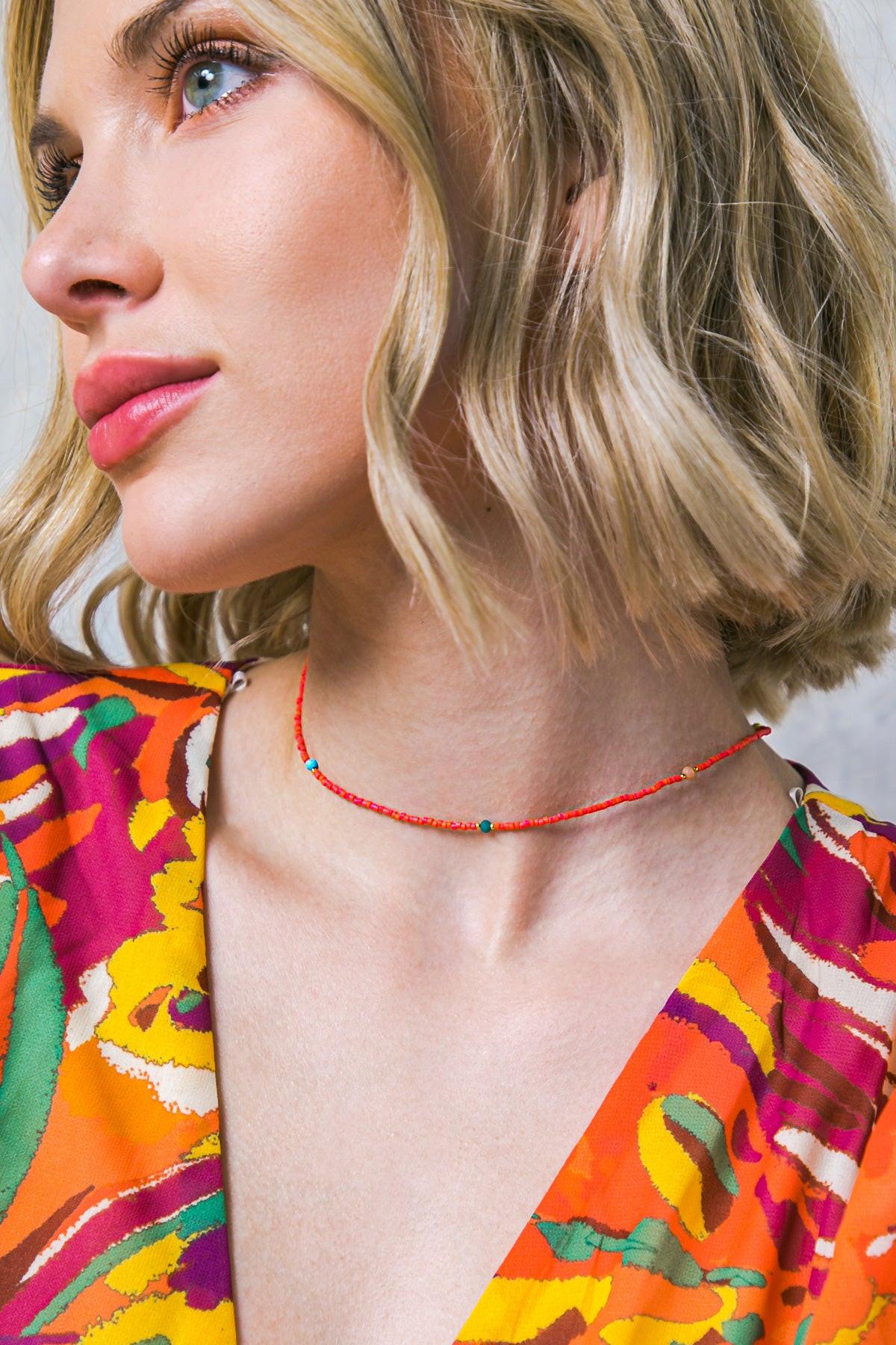 Boho Red Choker Necklace with Turquoise Beads 16 Inches Korean Made — Soul Flow Apparel