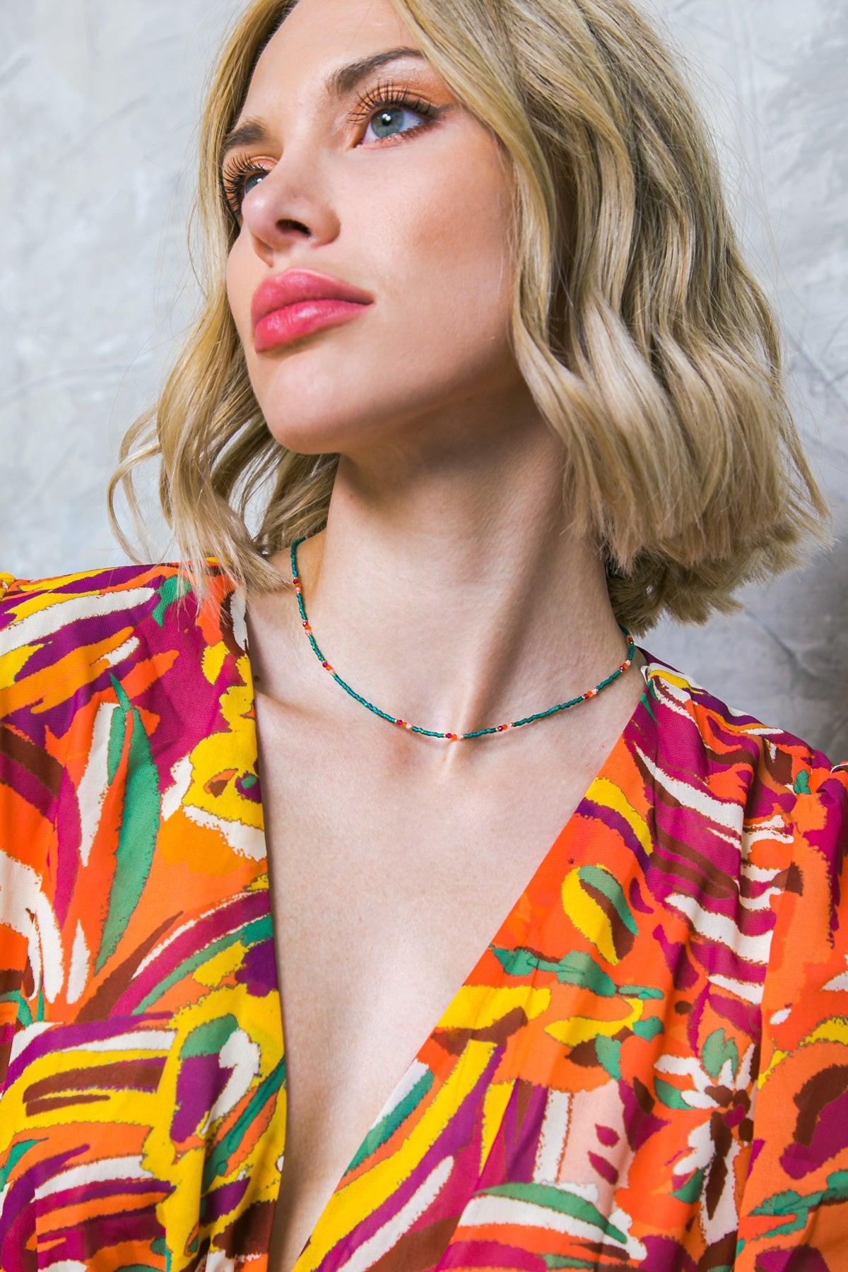 Boho Flex Green Southwest Turquoise Beaded Choker Necklace 16 Inch — Soul Flow Apparel