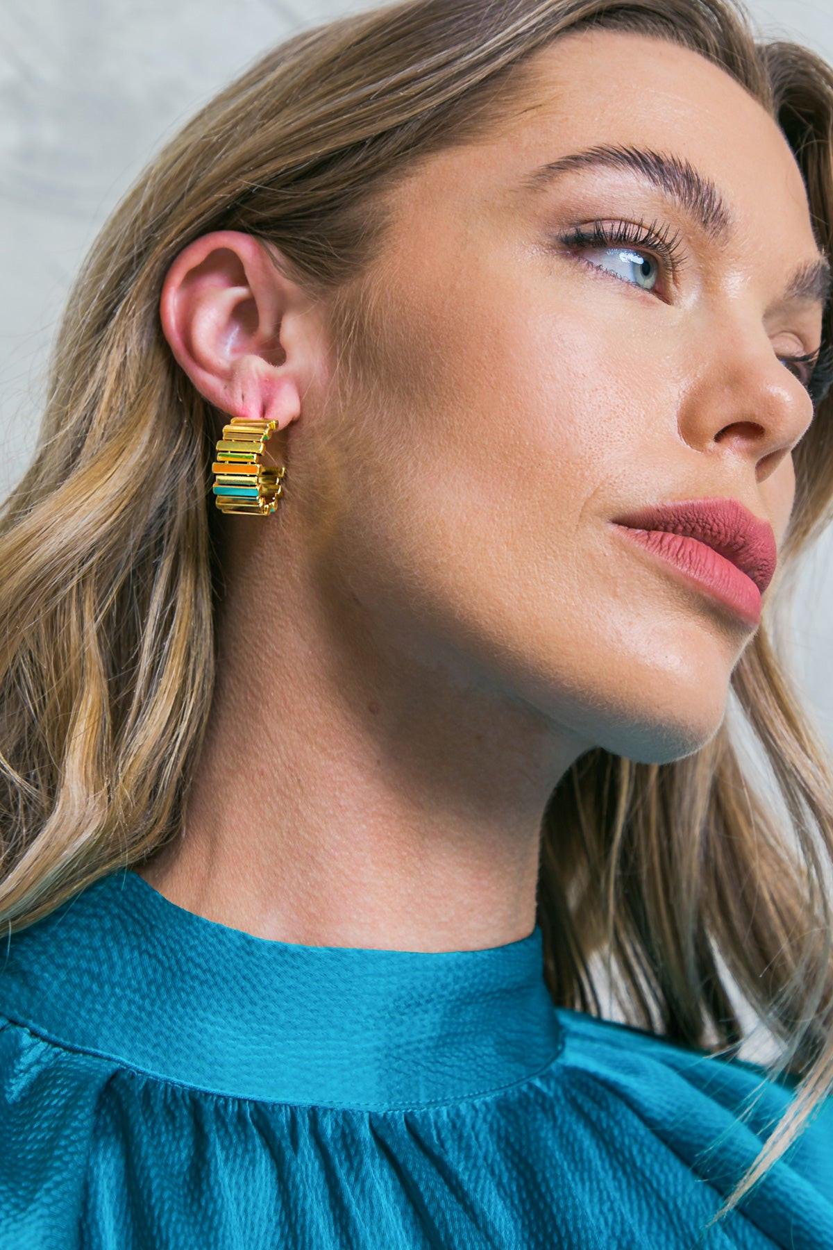 Dip Ribbed Stud Earrings Gold Plated Brass with Cubic Zirconia — Soul Flow Apparel